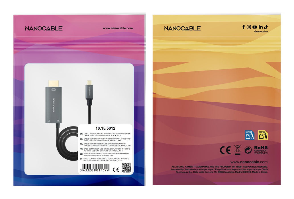 EAN 8433281017399 - Nanocable 10.15.5012 adaptador de cable de vídeo 1,8 m USB Tipo C DisplayPort + USB Type-C Negro imagen 4