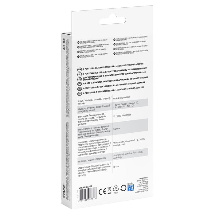 EAN 5901986047773 - Savio AK-57 USB-A - 3 x USB-A HUB with RJ-45 Gigabit Ethernet adapter 5000 Mbit/s grey USB 3.2 Gen 1 (3.1 imagen 8
