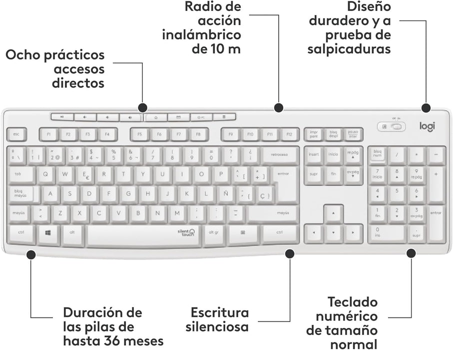 Teclado Español + Ratón Logitech Mk295 Silent Touch Blanco