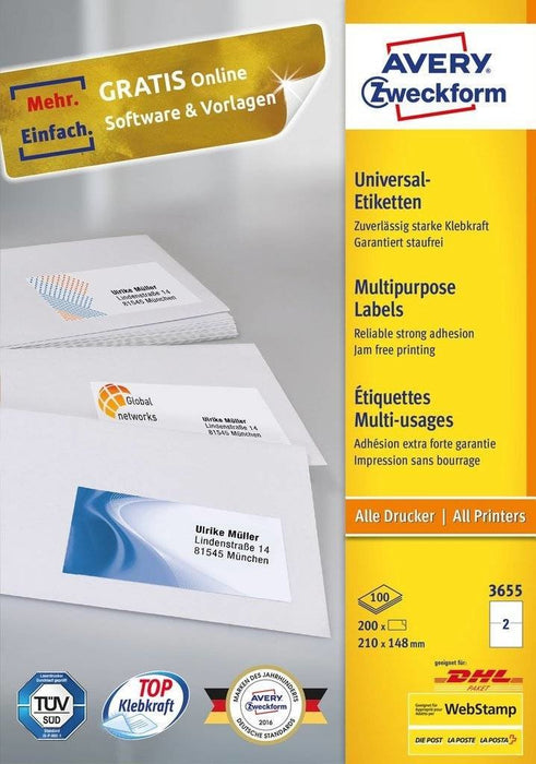 EAN 4004182036556 - Avery 3655 etiqueta autoadhesiva Rectángulo Permanente Blanco 200 pieza(s) imagen 1