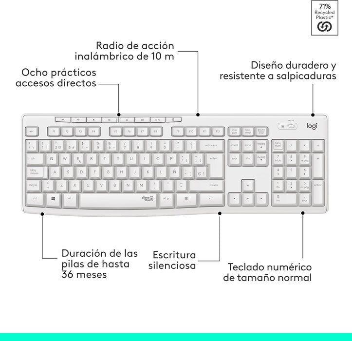 Teclado Español + Ratón Logitech Mk295 Silent Touch Blanco