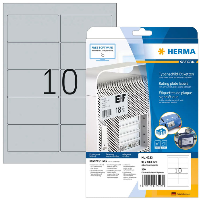 EAN 4008705042239 - HERMA 4223 etiqueta autoadhesiva Rectángulo redondeado Permanente Plata 250 pieza(s) imagen 1