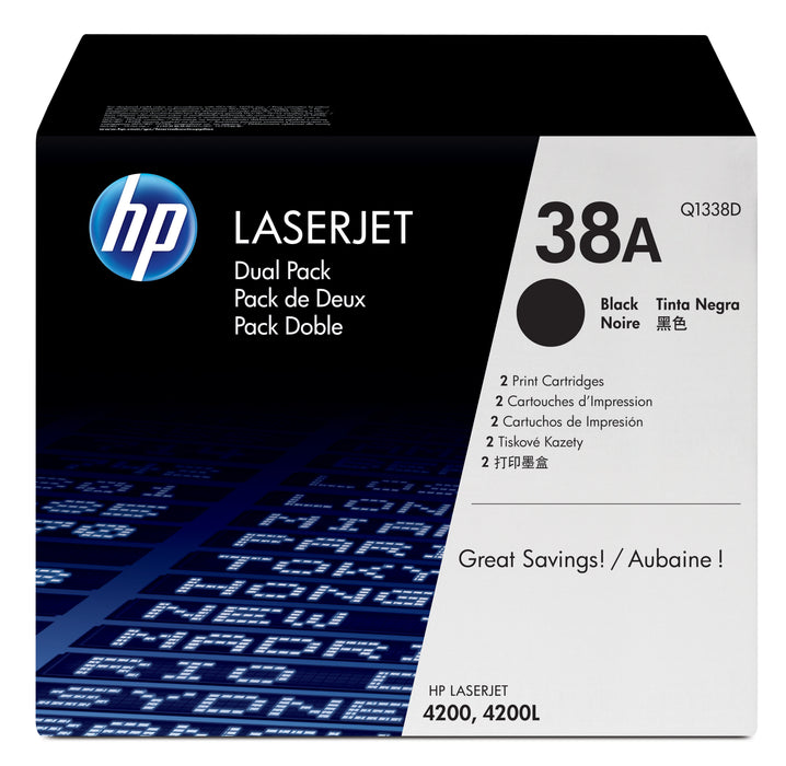 EAN 0808736633994 - HP 38A 2-pack Black Original LaserJet Toner Cartridges Q1338D cartucho de tóner 2 pieza(s) Negro imagen 1