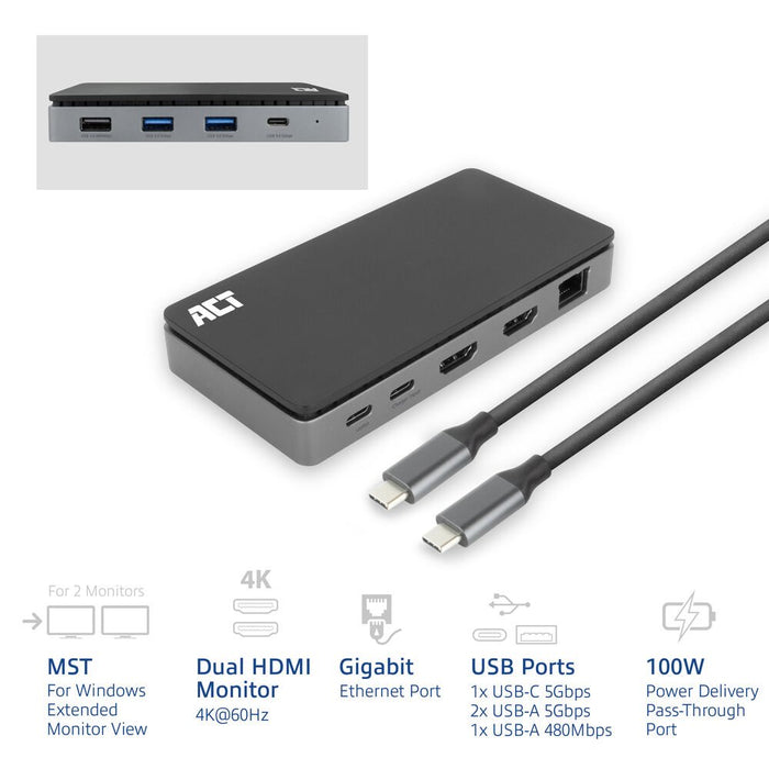 EAN 8716065557107 - ACT AC7093 base para portátil y replicador de puertos Alámbrico USB 3.2 Gen 1 (3.1 Gen 1) Type-C Negro, G imagen 3