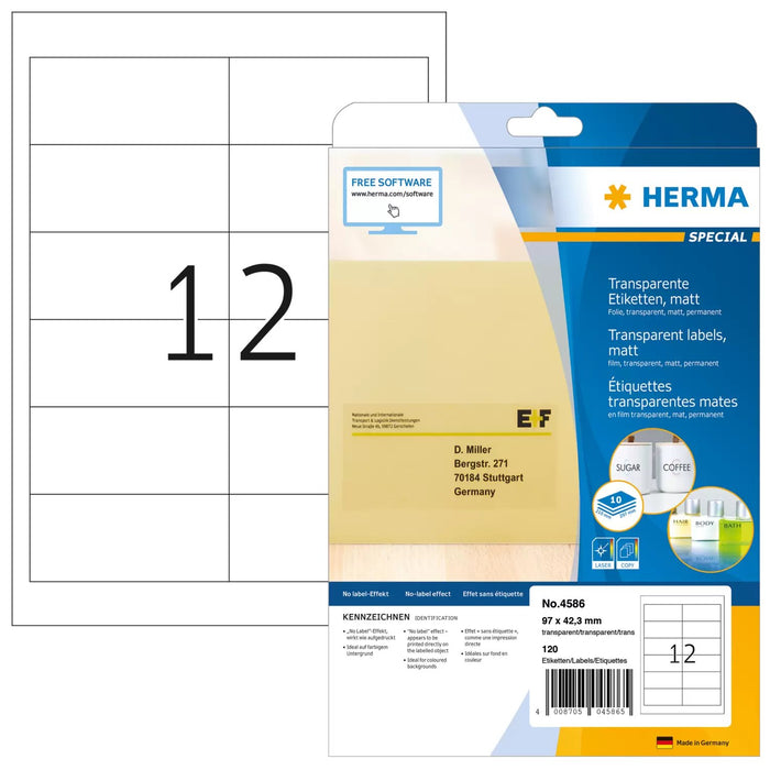EAN 4008705045865 - HERMA 4586 etiqueta autoadhesiva Rectángulo redondeado Permanente Transparente 120 pieza(s) imagen 1