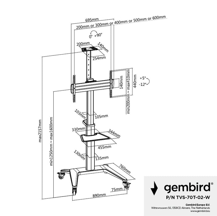 EAN 8716309128995 - Gembird Aluminum TV floor stand with caster wheels, 37\" - 70\", baltas | imagen 10
