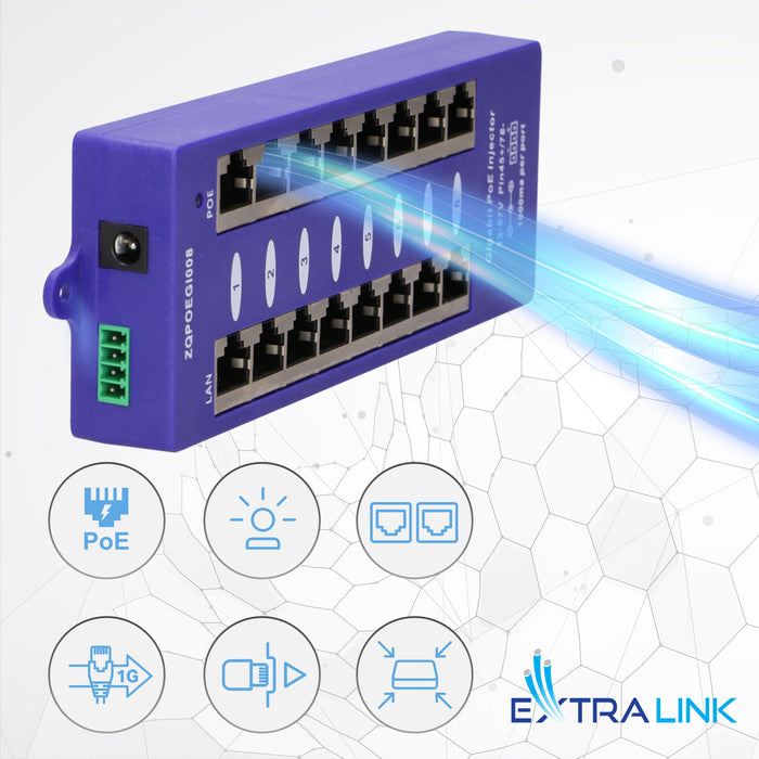 EAN 5902560366365 - Extralink POE INJECTOR 8 PORT GIGABIT MODE B - 1 Gbps - 8-Port Ethernet rápido, Gigabit Ethernet 48 V imagen 10