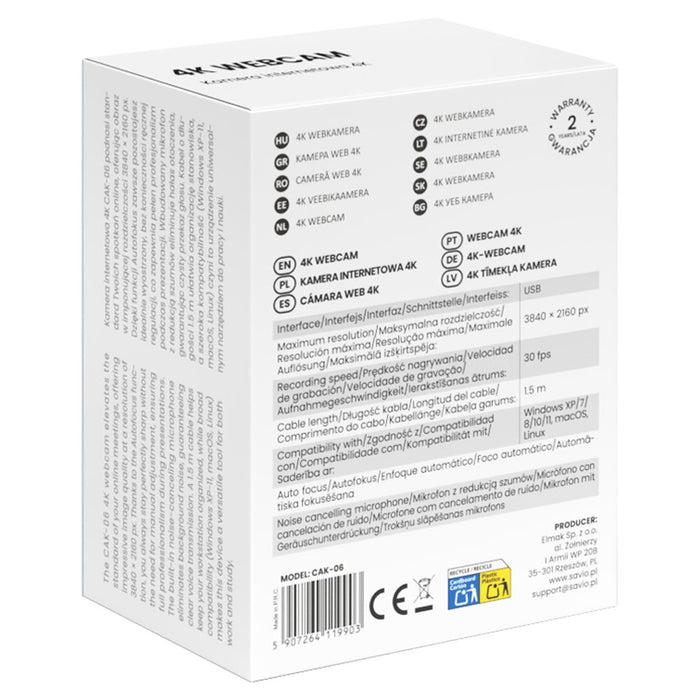 EAN 5907264119903 - Savio CAK-06 cámara web 3840 x 2160 Pixeles USB Negro imagen 7