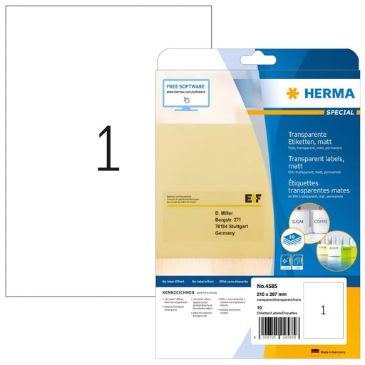 EAN 4008705045858 - HERMA A4 etiqueta autoadhesiva Rectángulo Permanente Transparente 10 pieza(s) imagen 1