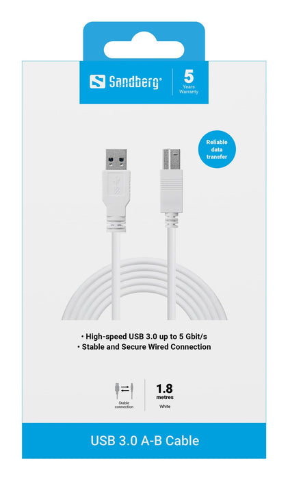 EAN 5705730509230 - Sandberg 509-23 cable USB USB 3.2 Gen 1 (3.1 Gen 1) 1,8 m USB A USB B Blanco imagen 3