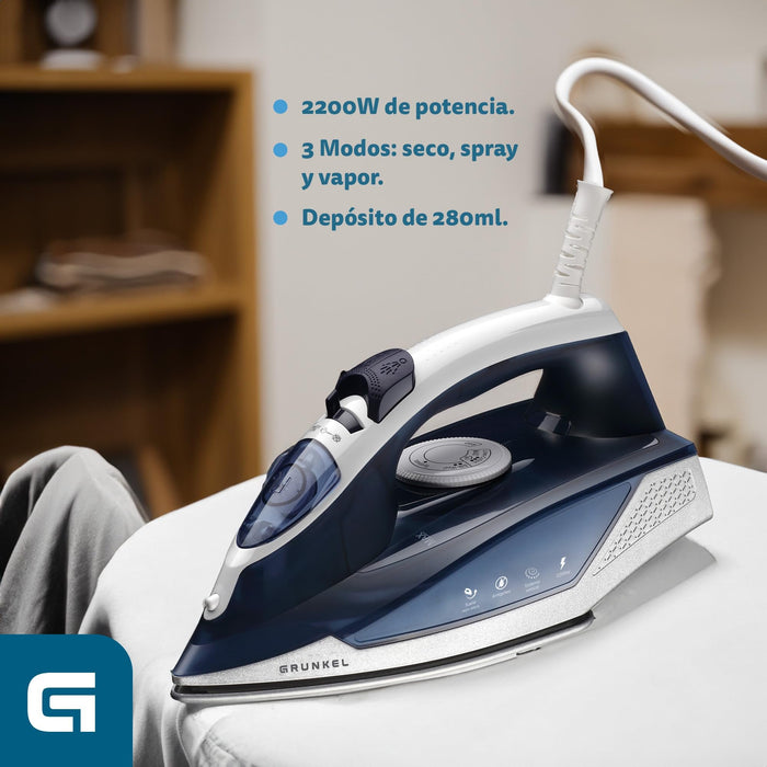 EAN 8426156016269 - Grunkel PL-22NS plancha Plancha vapor-seco Suela de acero inoxidable 2200 W Azul imagen 7