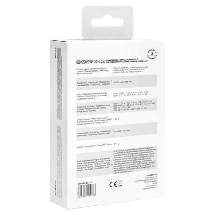 EAN 5907264119873 - Savio BA-15 batería externa Polímero de litio 50000 mAh Blanco imagen 10