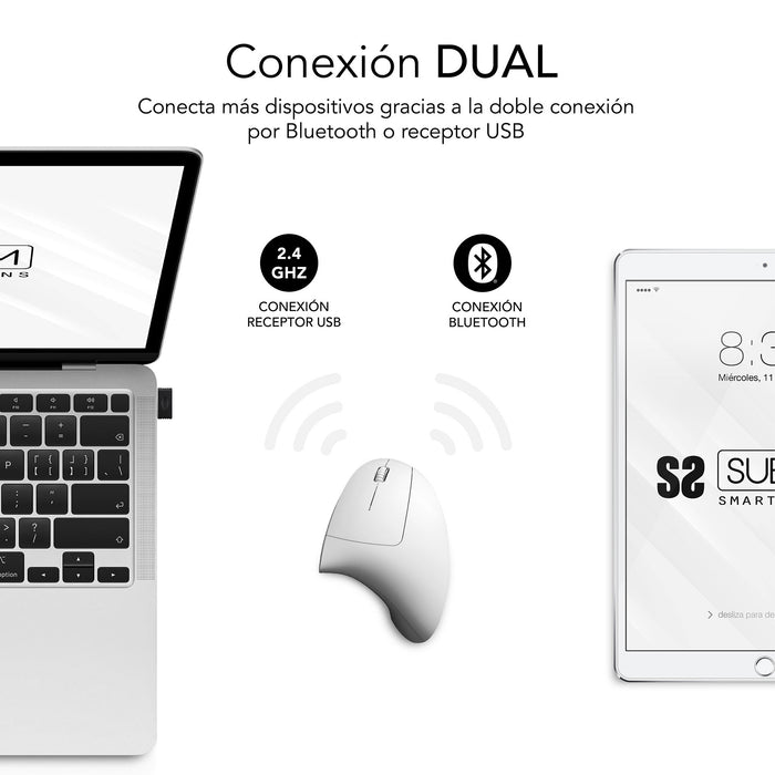 EAN 8436586743062 - SUBBLIM RATON OPTICO DUAL GLIDE VERTICAL ERGO DUAL BATERIA BLANCO ratón Universal mano derecha Bluetooth  imagen 2