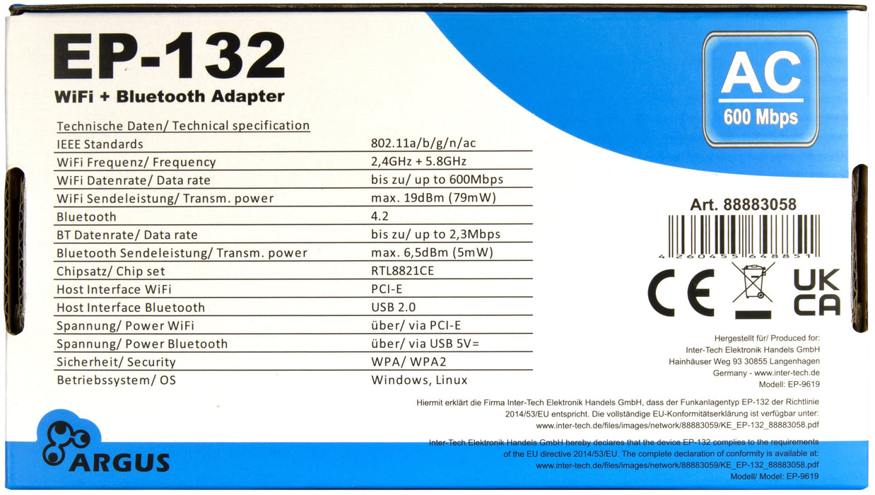 EAN 4260455648851 - Inter-Tech EP-132 Interno WLAN / Bluetooth 600 Mbit/s imagen 4