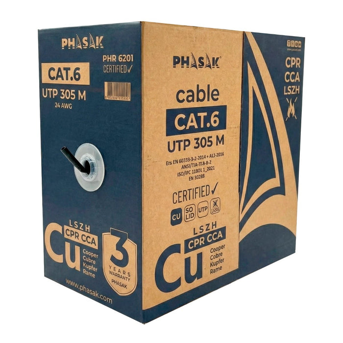 EAN 5605922001224 - Phasak Bobina cable UTP Cat. 6 solido CU (CPR Cca) AWG24 Fluke LSZH 305 m cable de red Cat6 U/UTP (UTP) imagen 3