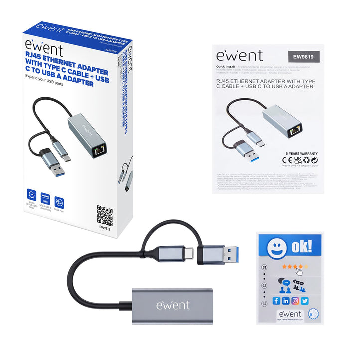 EAN 8052101435696 - Ewent EW9819 hub de interfaz USB 3.2 Gen 1 (3.1 Gen 1) Type-A + Type-C 1000 Mbit/s Gris imagen 3