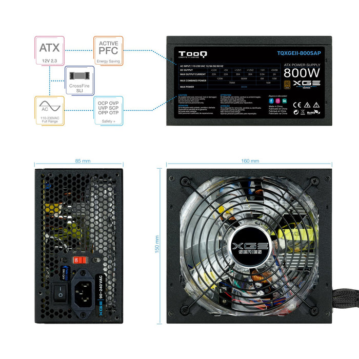 EAN 8433281007604 - TooQ TQXGEII-800SAP unidad de fuente de alimentación 800 W 20+4 pin ATX ATX Negro imagen 4