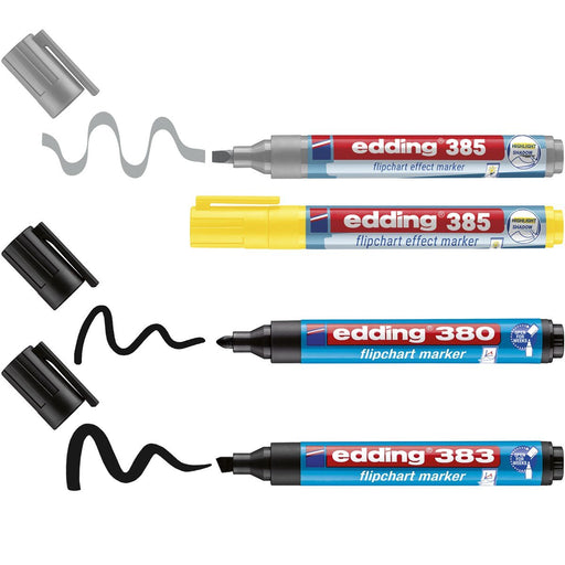 EAN 4004764986743 - Edding 385 Flipchart marcador 4 pieza(s) Brush/Bullet tip Negro, Plata, Amarillo imagen 1