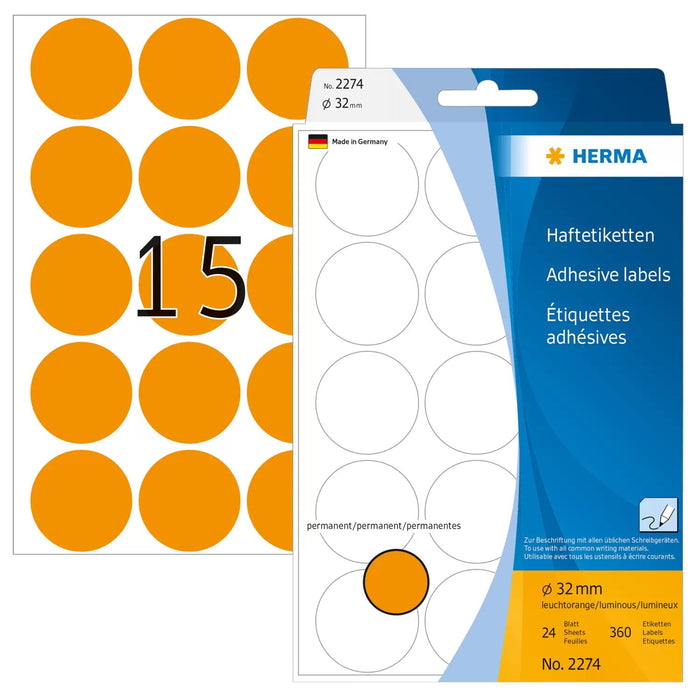 EAN 4008705022743 - HERMA 2274 etiqueta autoadhesiva Círculo Naranja 360 pieza(s) imagen 1