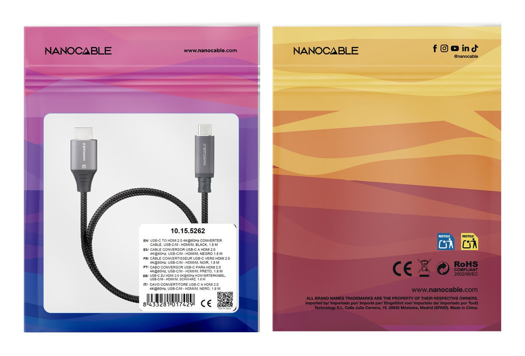 EAN 8433281017429 - Nanocable 10.15.5262 adaptador de cable de vídeo 1,8 m USB Tipo C HDMI Negro imagen 4