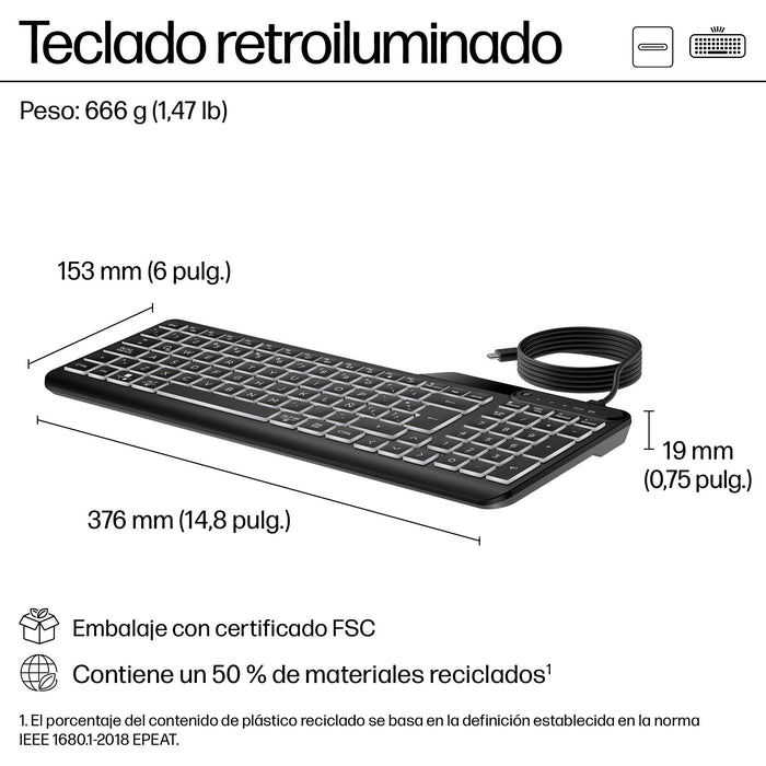 EAN 0197192768877 - HP 405 Backlit Wired Keyboard teclado Oficina USB Negro imagen 2