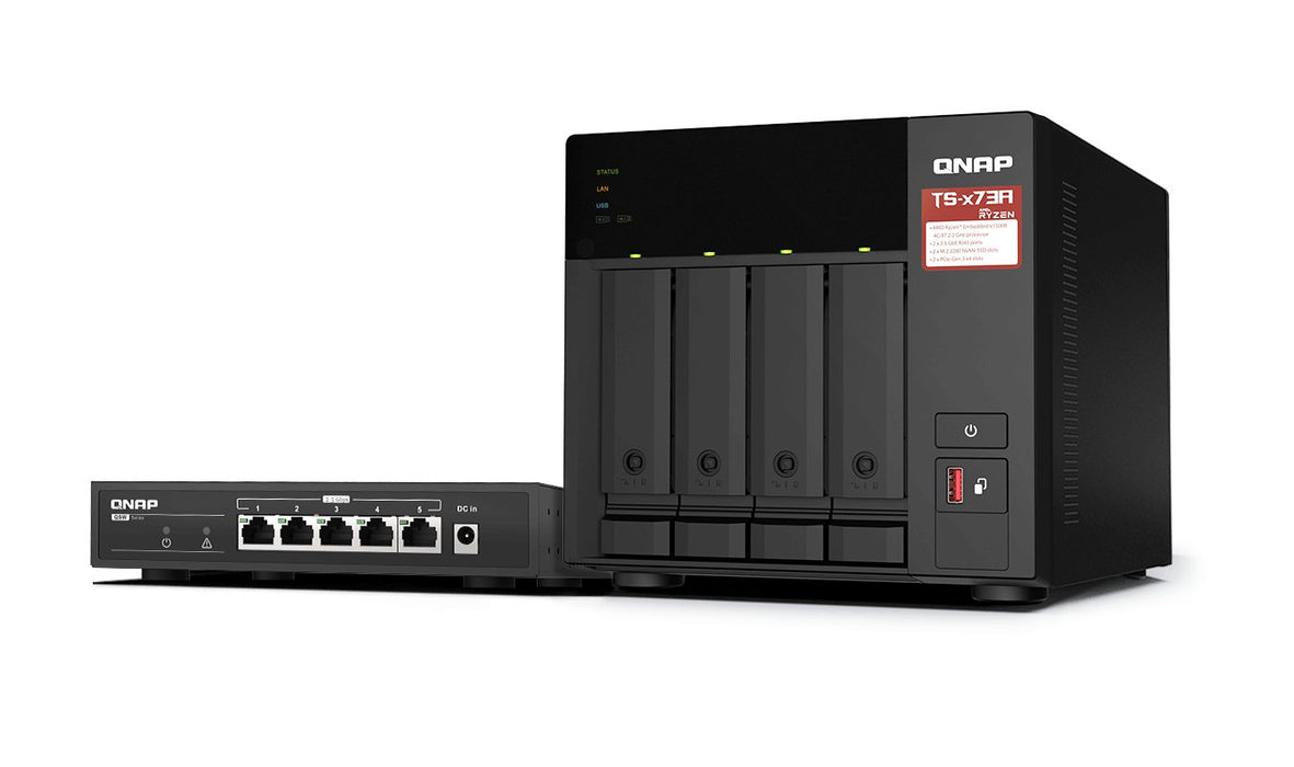 EAN 4711103084618 - QNAP TS-473A + QSW-1105-5T Bundle Pack NAS Torre Ryzen Embedded V1500B 8 GB DDR4 0 TB QNAP Turbo System N imagen 1