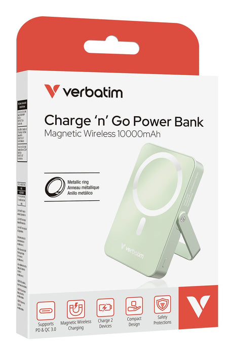 EAN 0002342322598 - Verbatim Charge 'n' Go Magnetic Wireless Polímero de litio 10000 mAh Cargador inalámbrico Verde imagen 3