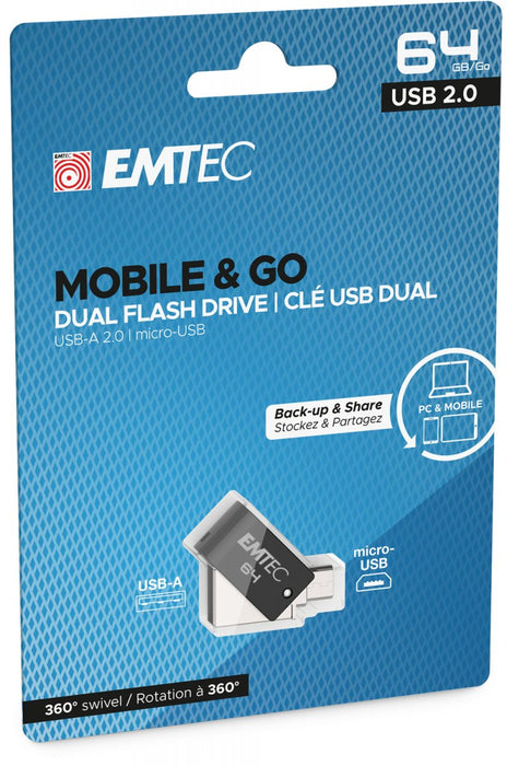 EAN 3126170173546 - Emtec T260B unidad flash USB 64 GB USB Type-A / Micro-USB 2.0 Negro, Acero inoxidable imagen 4
