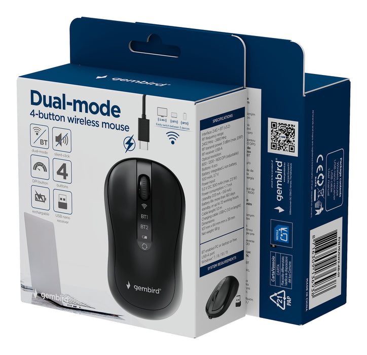 EAN 8716309136938 - Gembird MUSW2-4B-01 ratón Hogar Ambidextro RF Wireless + Bluetooth Óptico 1600 DPI imagen 9
