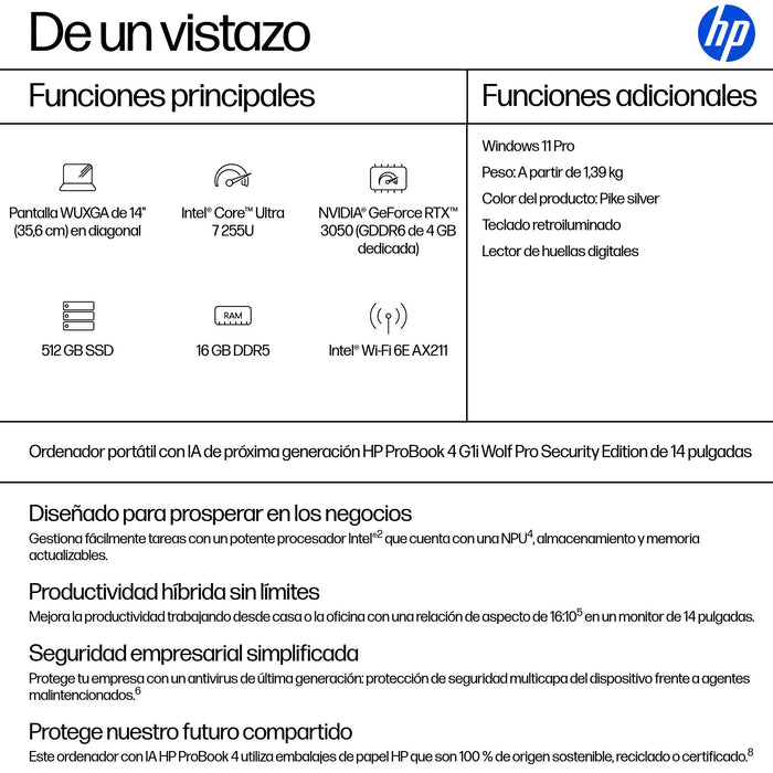 EAN 0199251580659 - HP ProBook 4 G1i AI Wolf Pro Security Edition Intel Core Ultra 7 255U Portátil 35,6 cm (14") WUXGA 16 GB  imagen 3