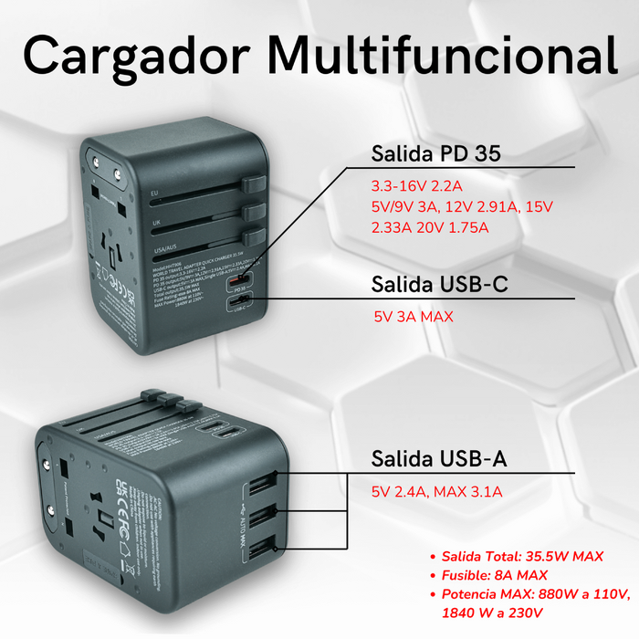Adaptador Enchufe Universal 35.5W Pd Carga Rápida. De Viaje 3 Usb + 2 Usb-C