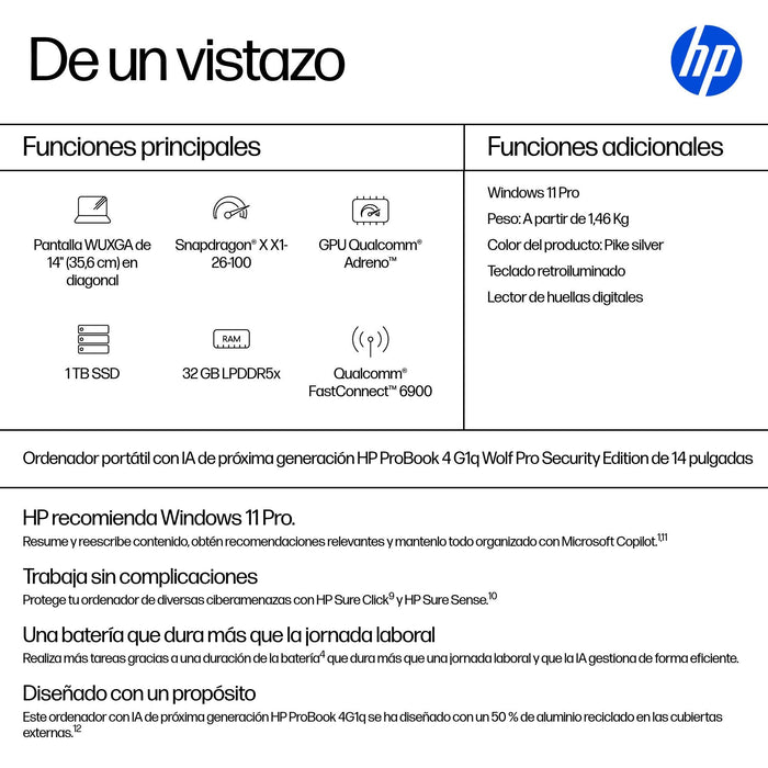 EAN 0199764324740 - HP ProBook 4 G1q Notebook Next Gen AI Wolf Pro Security Edition Copilot+ PC Snapdragon X1-26-100 Portátil imagen 3