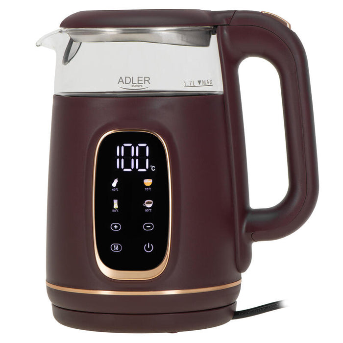 Adler Ad 1305 Electric Kettle, Glass With Led Display & Temperature Regulation, 1.7l, Burgundy