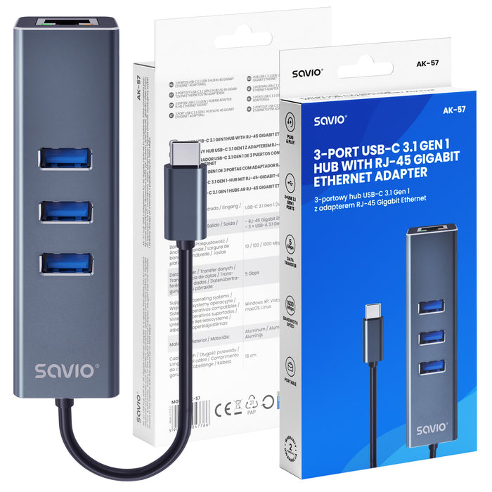 EAN 5901986047766 - Savio AK-57 USB-C - 3 x USB-A HUB with RJ-45 Gigabit Ethernet adapter 5000 Mbit/s grey 2 x USB 3.2 Gen 2  imagen 9