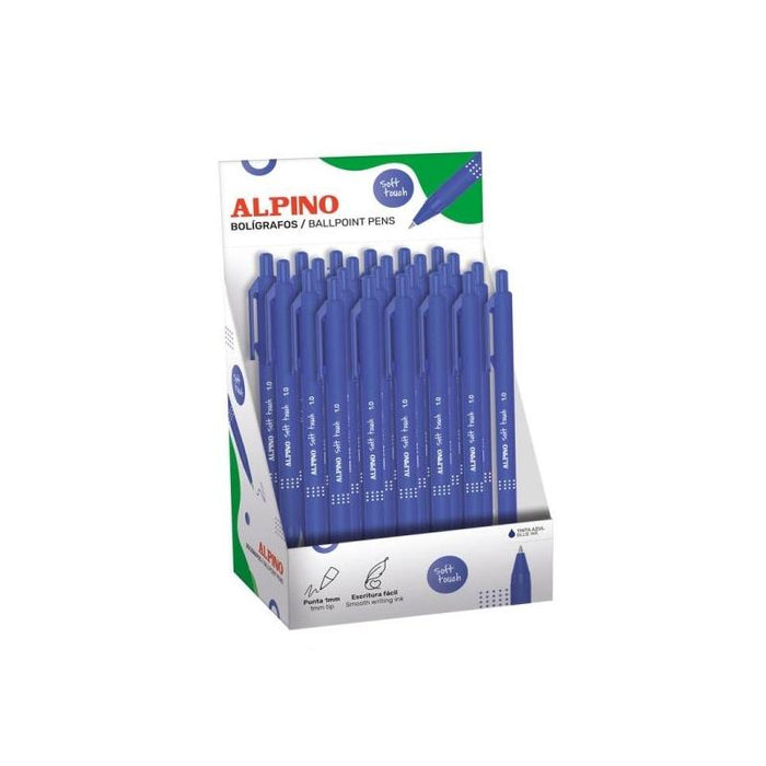 Alpino Soft Touch Expositor Con 24 Boligrafos Retractiles - Punta 1mm - Tacto Suave - Tinta Azul - Azul