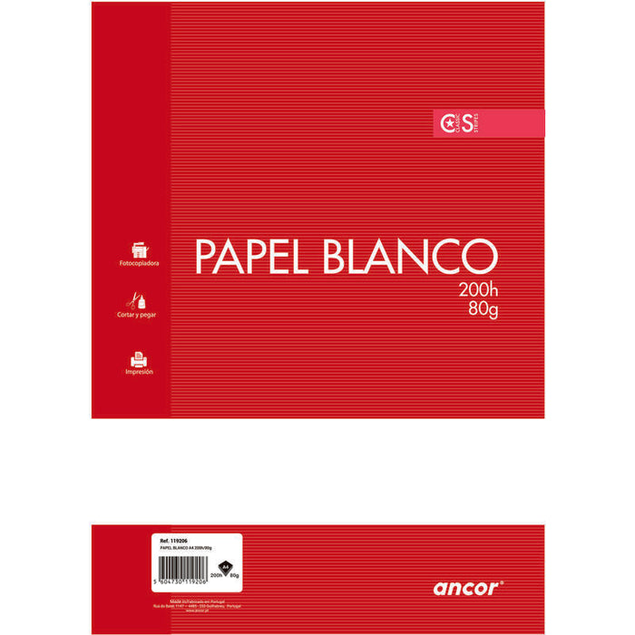 Ancor Paquete De Papel De 200 Hojas 80gr Tamaño A4 Liso