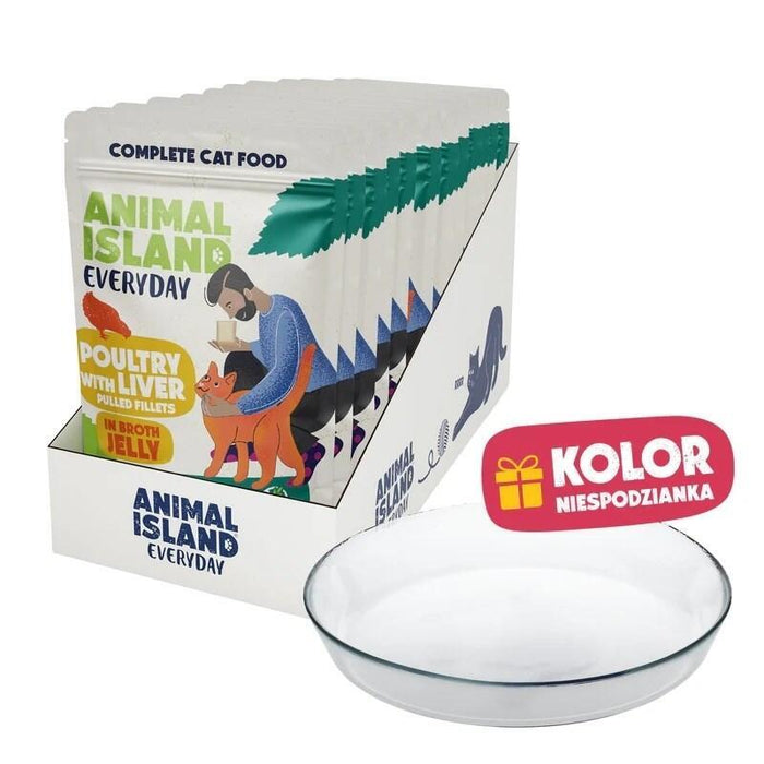 Animal Island Pack Con Platito De Cristal Alimento Húmedo Completo Para Gatos Filetes De Ave Con Hígado En Gelatina Everyday Sin Cereales Sobres, 12 X 85g Color Del Platito Aleatorio
