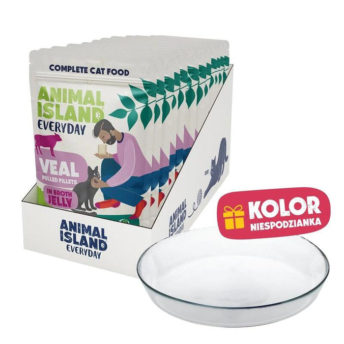 Animal Island Pack Con Platito De Cristal Alimento Húmedo Completo Para Gatos Filetes De Ternera Con Pollo En Gelatina Sin Cereales Sobres, 12 X 85g Color Del Platito Aleatorio