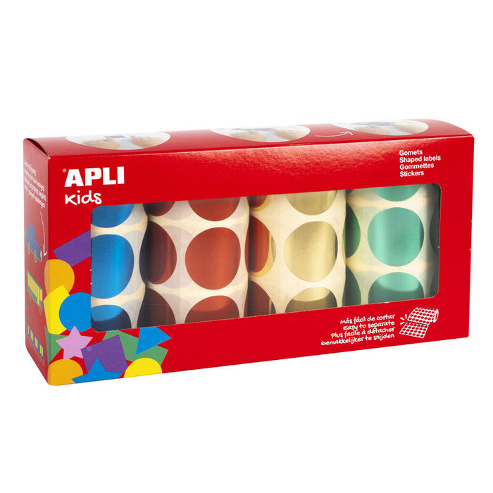 Apli Gomets Redondos Metalizados Ø 33mm - Pack De 4 Rollos (Amarillo, Azul, Rojo Y Verde) - 2256 Gomets En Total - Hojas Pretroqueladas Para Facil Separacion
