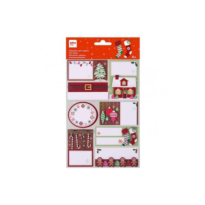 Apli Pack De 8 Etiquetas Adhesivas Navideñas Para Regalos - Tamaños Y Diseños Surtidos - Espacio Para Escribir