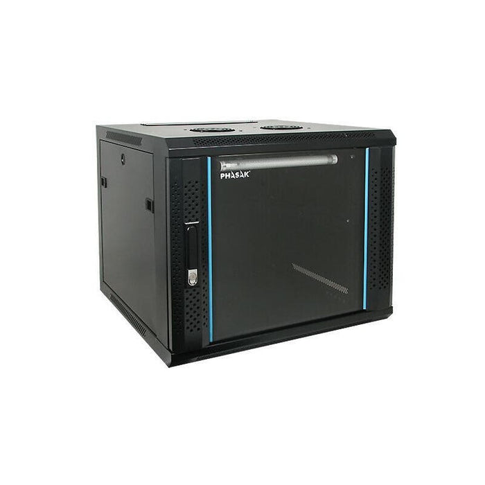 Armario Rack Mural 19" Phasak 18u   600x600 Negro + Ventilacion/Luz Azul