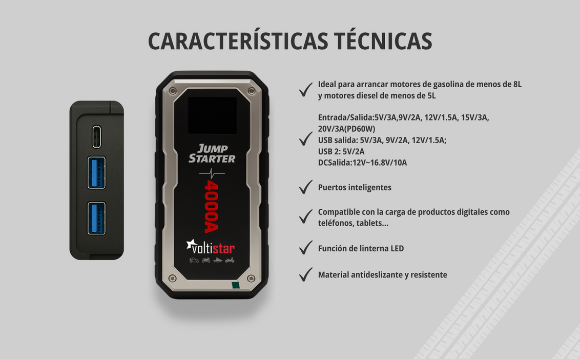 Arrancador De Coche 20000Mah Inteligente Hasta 8L Gasolina Y 5L Diesel