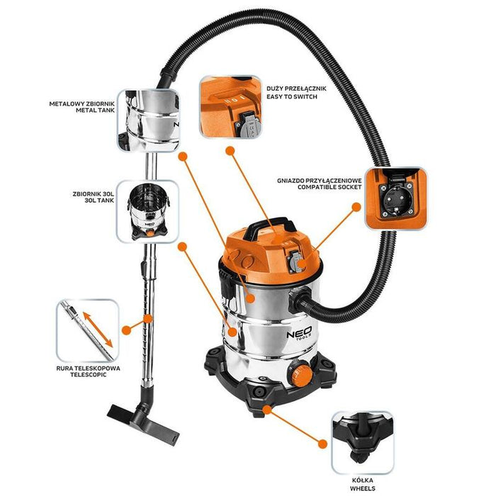 Aspirador Industrial Neo Tools 1400 W, Depósito De 30 L, 04-738