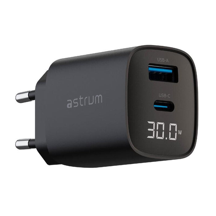 Astrum Watz30l Negro Adaptador De Corriente Con Pantalla Led Integrada 20w Usb-A + Usb-C Pd Gan