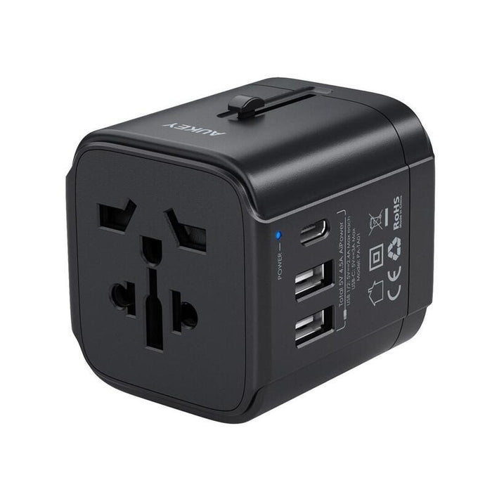 Aukey Pa-Ta01 Cargador Adaptador De Viaje Universal Con Usb-C Y Usb-A Reino Unido Ee. Uu. Ue Aus Chn 150 Países