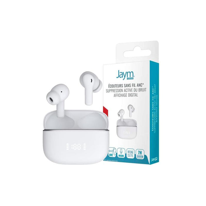 Auriculares True Wireless - Noise Cancelling Actif (Anc) - Intra Auriculaires - Affichage Digital - Bluetooth 5.3 - Blancos - Jaym®