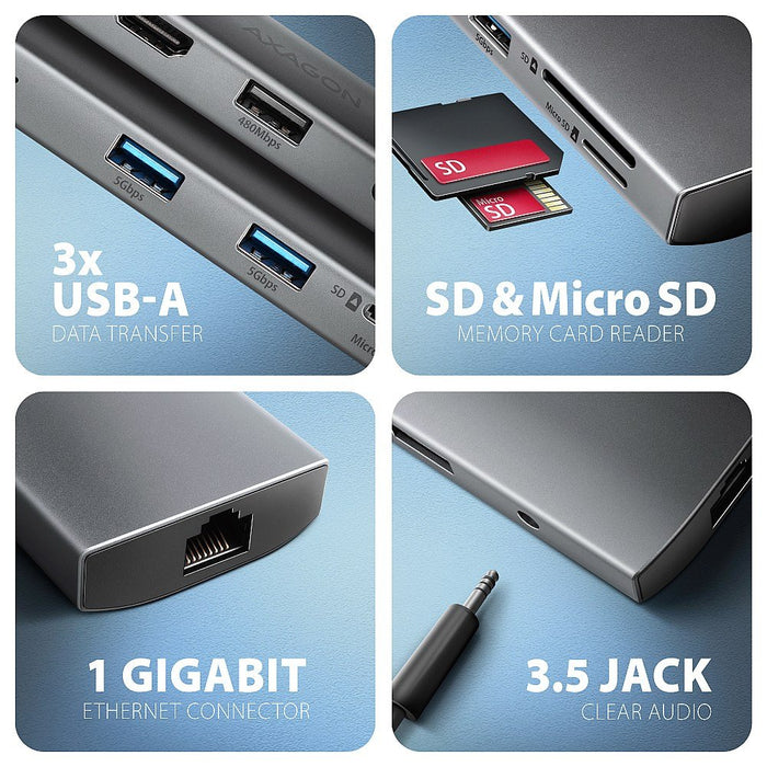 EAN 8595247907523 - Axagon HMC-8HLSA base para portátil y replicador de puertos Alámbrico USB 3.2 Gen 1 (3.1 Gen 1) Type-C Gr imagen 3