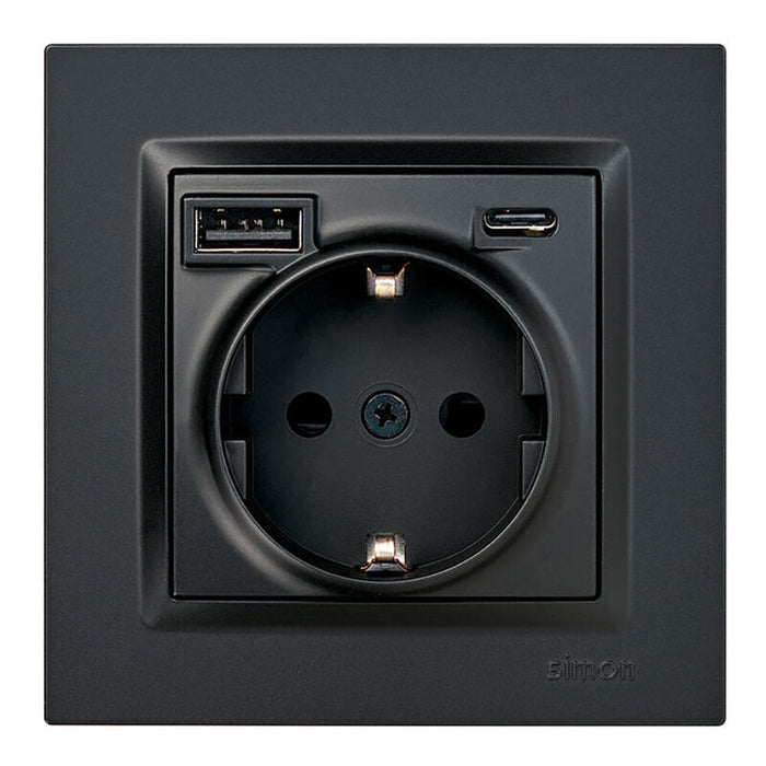 Base Enchufe Schuko + Usb A + C 10,5 W 16 A 250 V~, Simon 10, Negro
