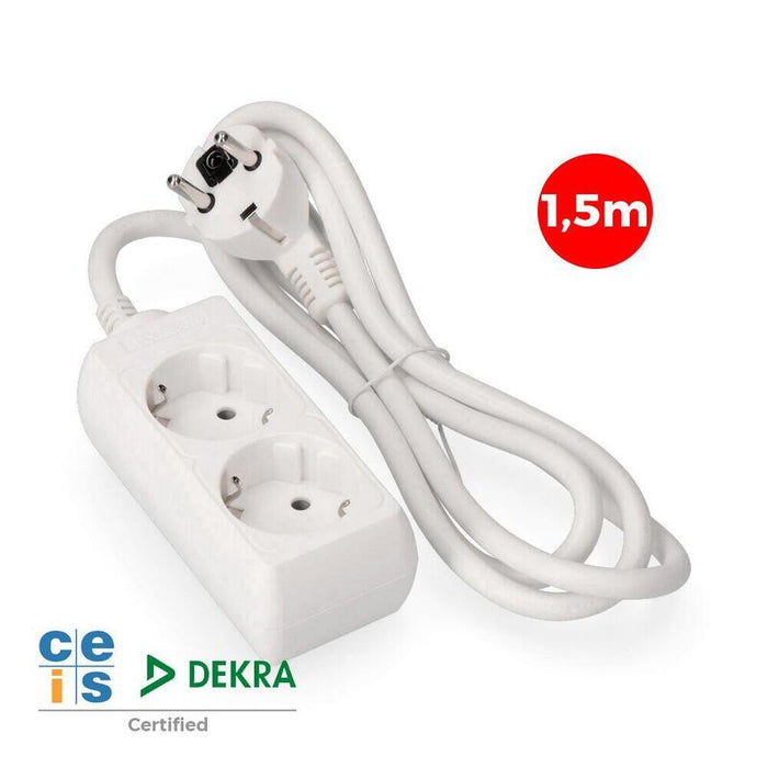 Base Múltiple, 2 Tomas Schuko 2p+T, 1,5m De Cable H05vv-F 3g1,5 Mm² 16a 250v~ 3680 W, Blanca