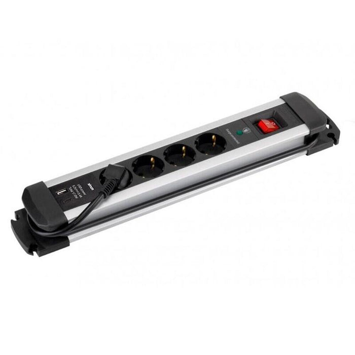 Base Múltiple, 4 Tomas, Schuko 2p+T, 2 Usb A+C, 16a 250v~,1,5 M Cable, C/Interruptor Y Prot.Sobretensiones, Aluminio